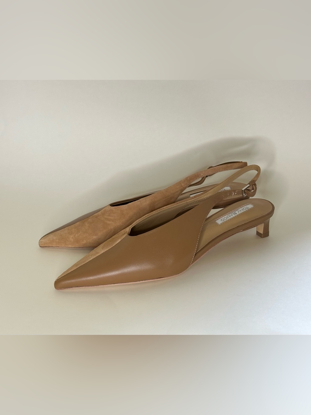 Tony Bianco Two-Tone Tan Pointed Slingback Heels